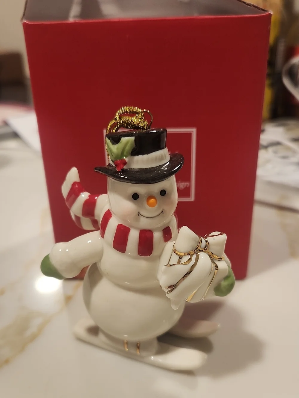 Lenox White Snowman Ornament with Red Scarf and Black Hat
